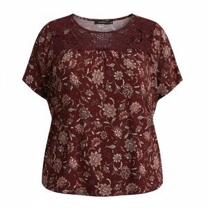 Lane Bryant Burgundy Floral Crochet Yoke Blouse